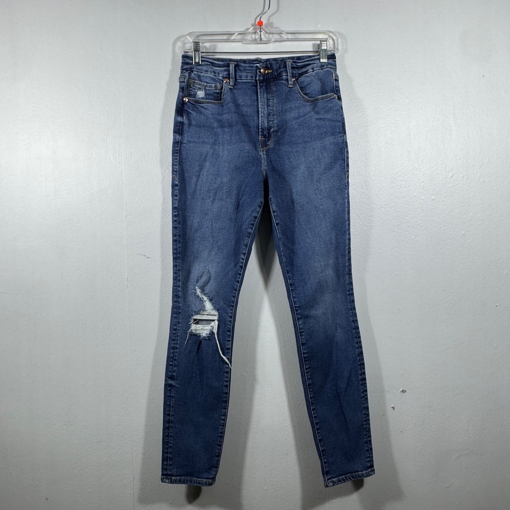 Good American Women's Skinny Jeans - Medium Wash Blue with Distressed Knee